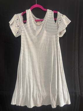 Style & Co. Grey and White Striped Cold Shoulder Embroidered Floral Dress
